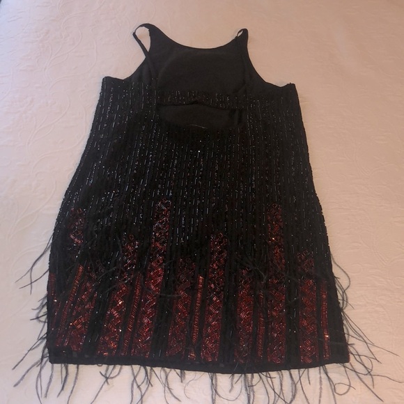 Parker Black Red Beaded Mini Dress Feathers XS - Picture 3 of 7
